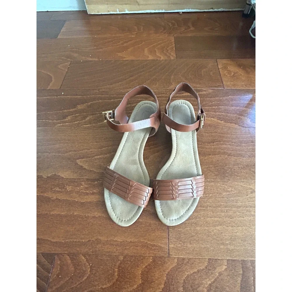 Lauren Ralph Lauren Latrice Tan Brown Leather Woven Wedge Sandals Size 8 B